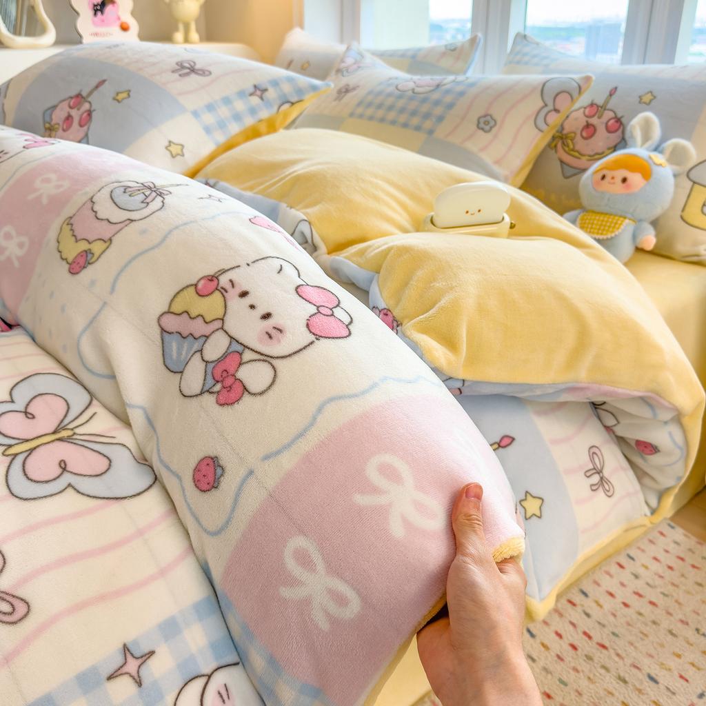 Thickened Milk Fleece Quilt Cover Single Piece Coral Fleece Quilt Cover Four-Piece Set Double-Sided Flannel Fleece