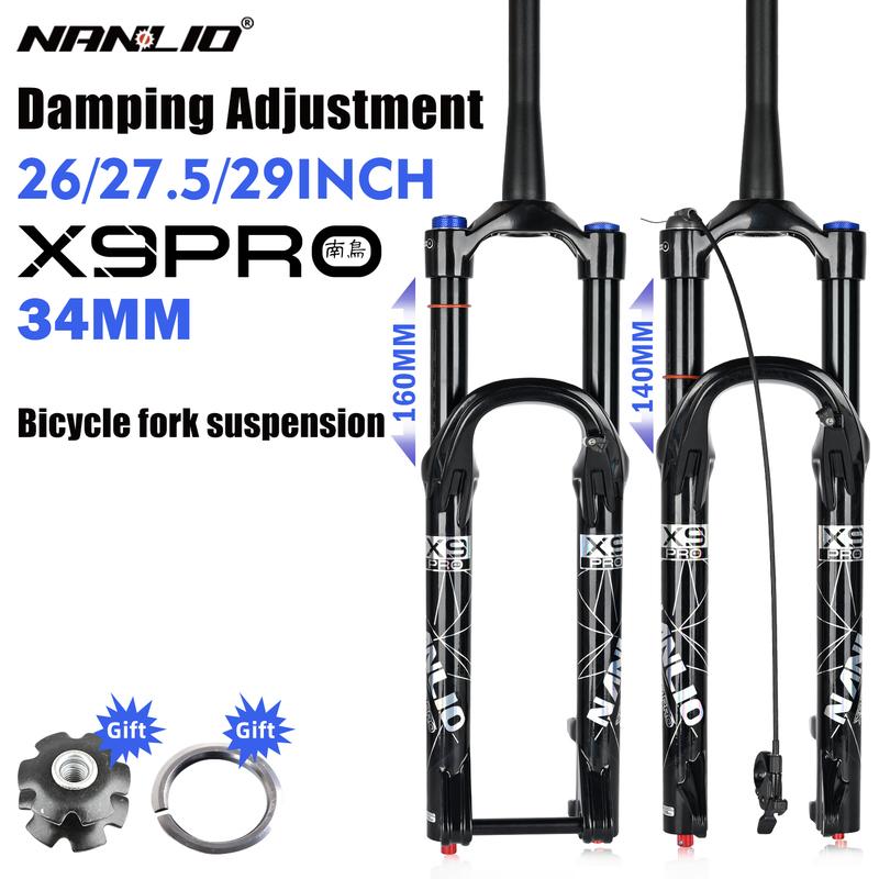 Nanlio X9 PRO 34 мм Воздушная амортизационная вилка для MTB 26 27.5 29 дюймов Ход 140 мм 160 мм Демпфирование отскока с металлическими втулками Горный велосипед