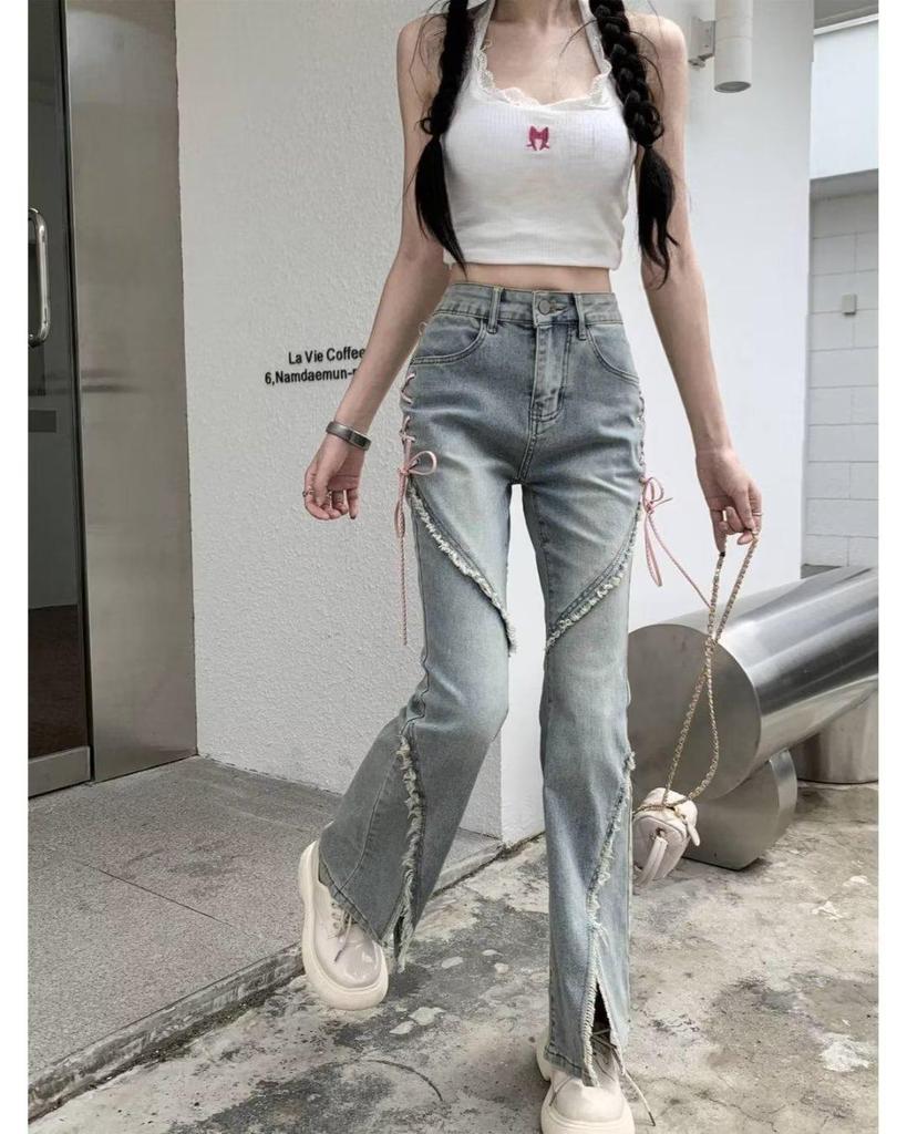 Women's 2024 Split Flare Jeans with Strap Design - American Style, Spring & Fall Casuals