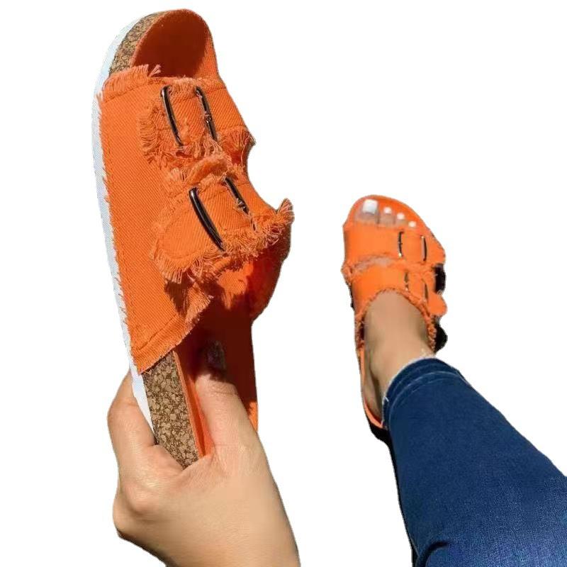 2025 летний новый продукт импортная торговля большой размер европейские и американские повседневные однотонные холщовые пряжки джинсовые тапочки на плоской подошве женские пятна