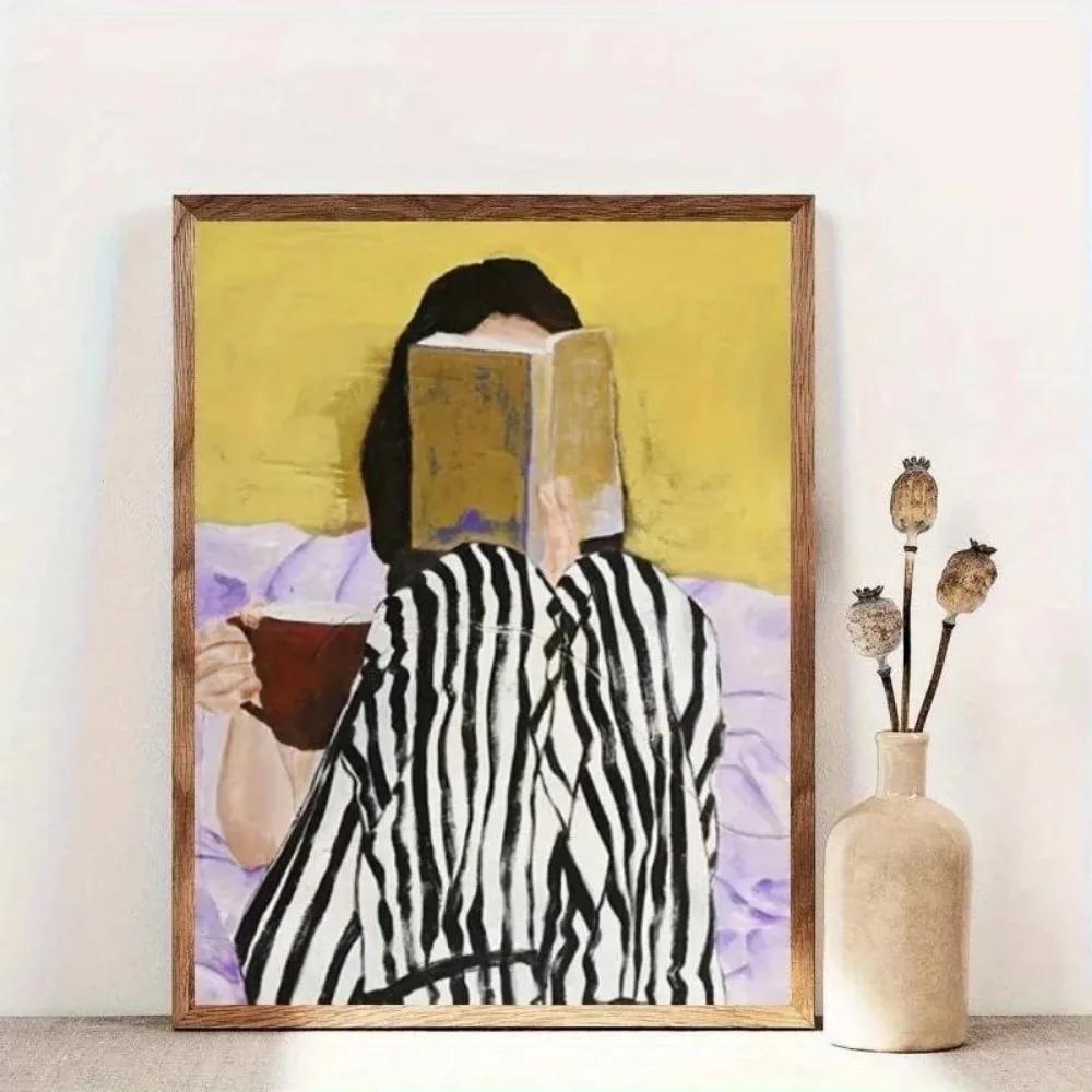 1 шт. Безрамочная абстрактная женщина, читающая и пьющая кофе, печать на холсте, женщина в зеленую полоску, современная гостиная, домашний декор