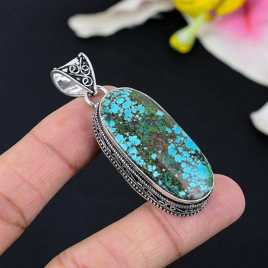 Tibetan Turquoise Gemstone 925 Sterling Silver Jewelry Pendant 2.05" KG-132