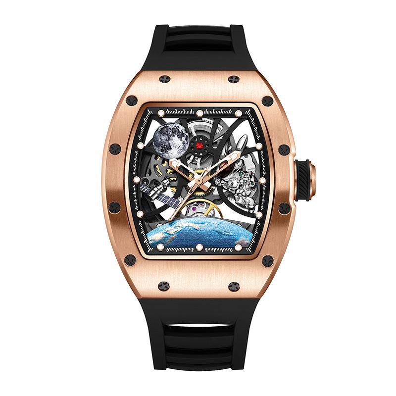 Brand Men's Tonneau-Shaped Mechanical Watch with Pin Buckle