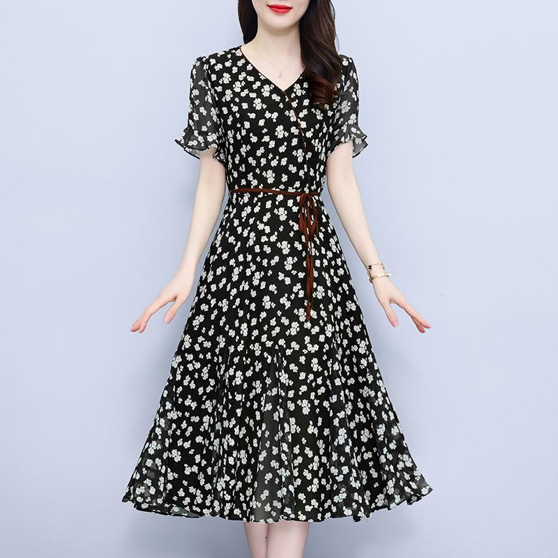 Новое летнее темпераментное женское платье с v-образным вырезом в западном стиле и цветочным принтом, 2024, мясное и тонкое модное шифоновое платье для женщин
