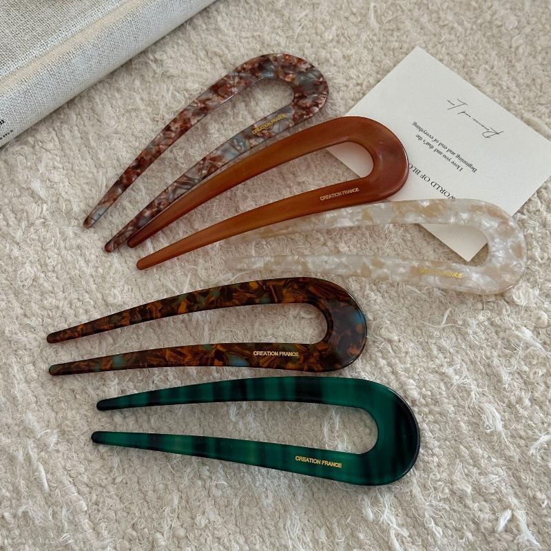 Large U Shaped Hair Forks Marble Acrylic Texture Strong Hold For Messy Bun Hairstyles Daily Wear Parties Office