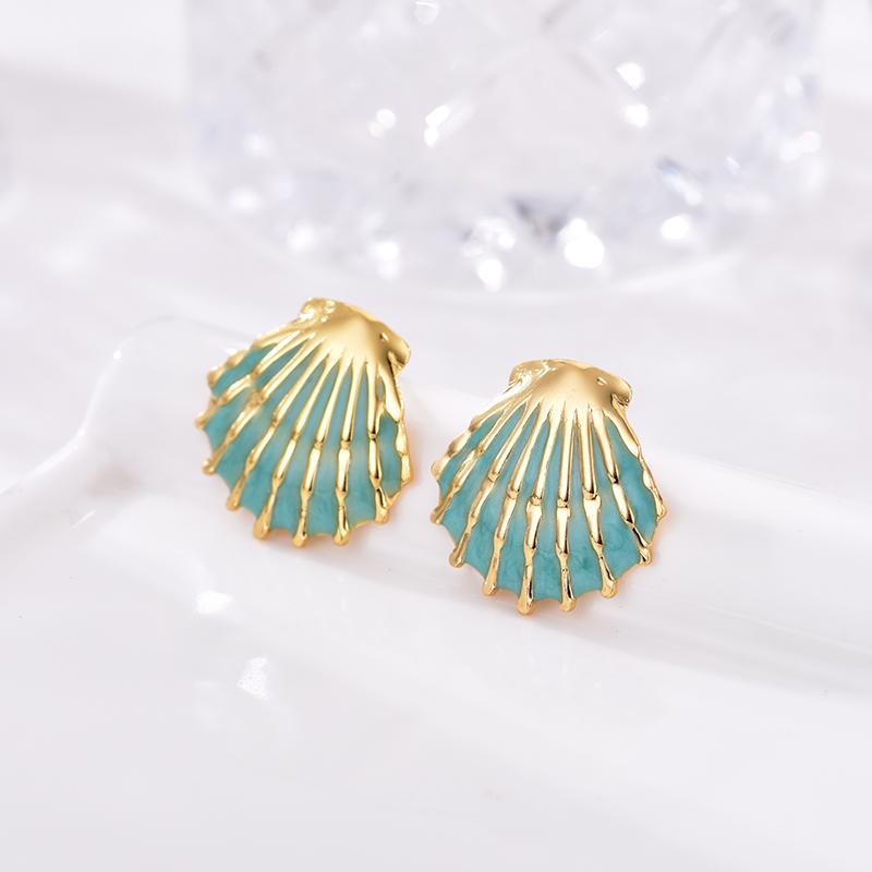 Vintage Shell Stainless Steel Gold Color Texture Stud Earrings For Women Enameled Blue White Black Beach Holiday Ocean Jewelry
