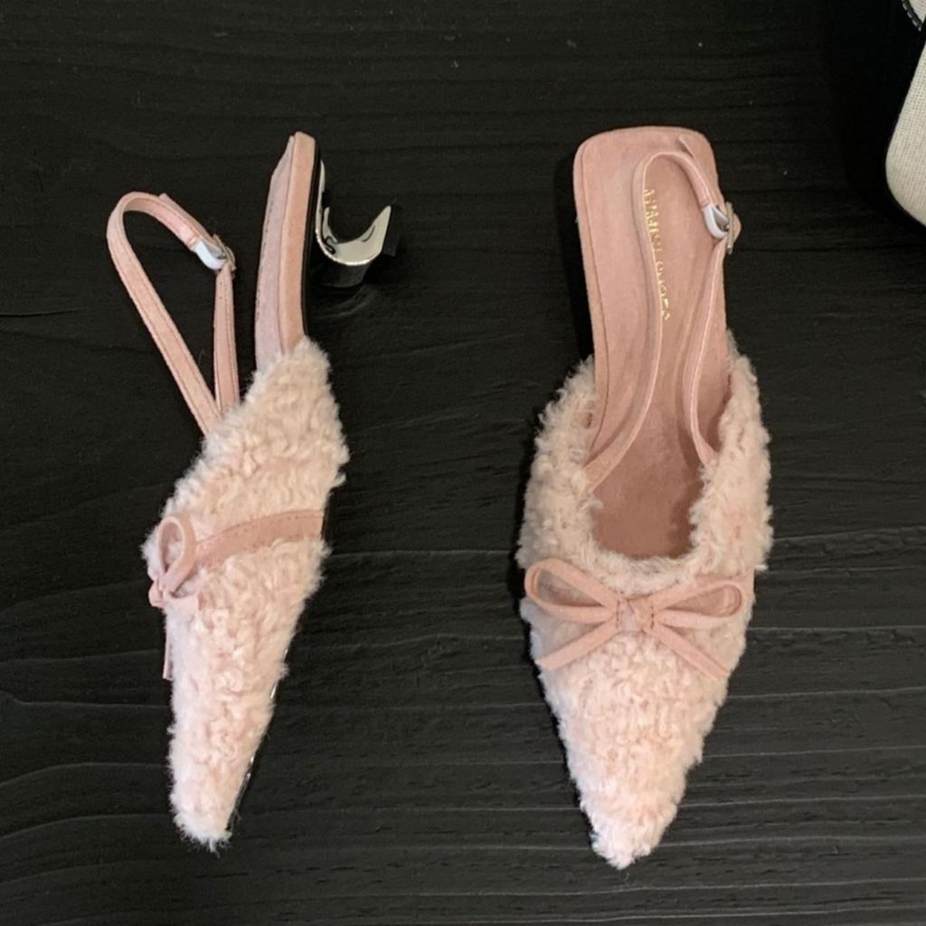 2025 French-style Fluffy High-heeled Slippers Women's Autumn and Winter Wear with Skirts, Gentle Fairy Shoes, Velvet Cotton Bag Head Half
