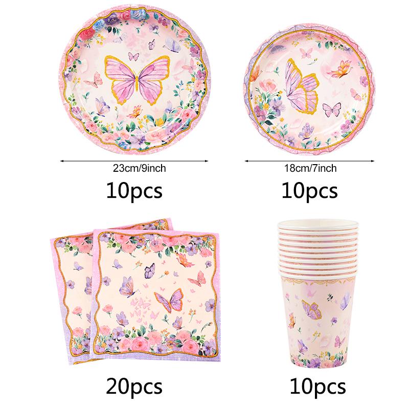 Розовые бабочки одноразовый набор посуды бумажные тарелки стаканы скатерть для девочек тема бабочек украшения для дня рождения