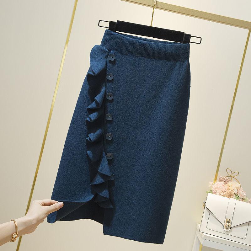 Вязаная юбка, женская осенне-зимняя юбка, зимняя со свитером, однобортная юбка на бедрах с деревянными ушками