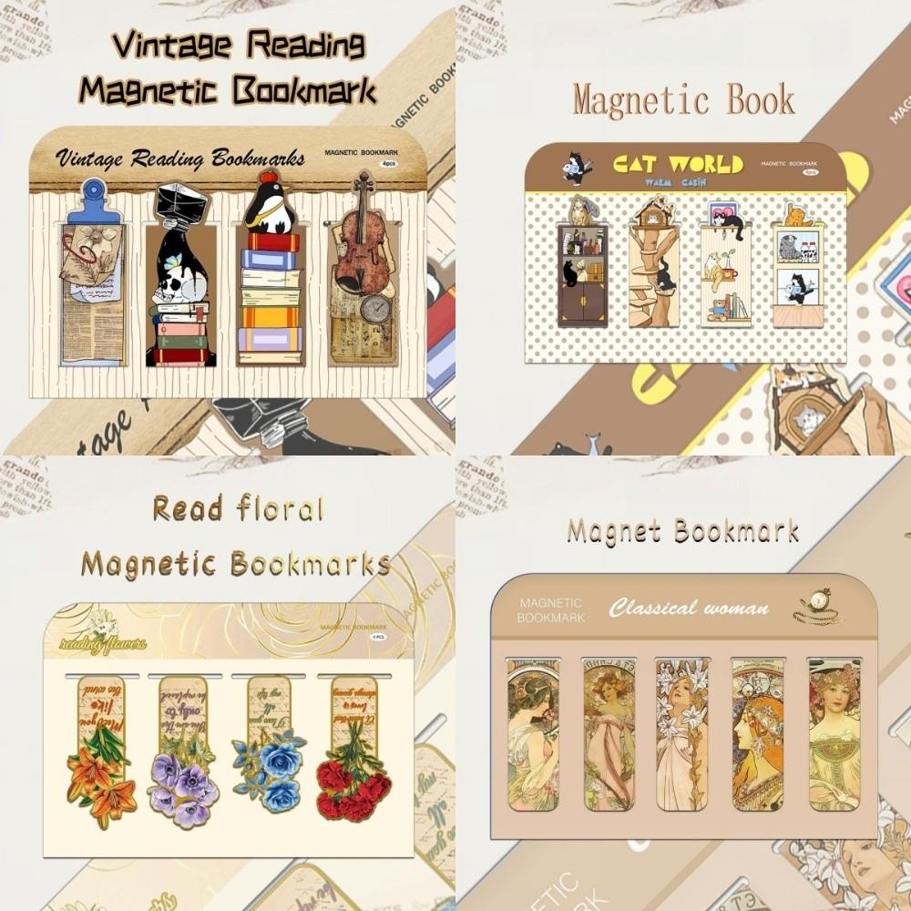 4/5pcs Magnetic Closure DIY Bookclip Set Cute Cat Flowers Reading Marks Gift Giving