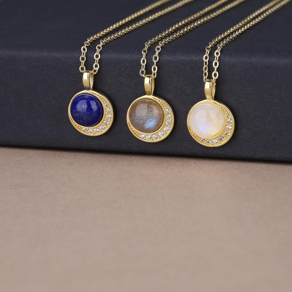 [KOAI] Lapis Lazuli Кулон-Луна, камень декабря, 14K Золото, Цепочка из Серебра 925, Женский
