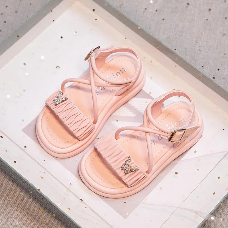 Детские сандалии принцессы со складками для девочек, сандалии со стразами и бабочкой, модная детская летняя пляжная обувь с крестиком, милая