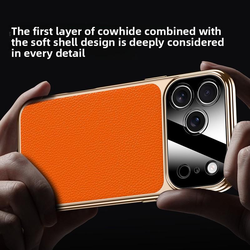 Luxury Gilt First Layer Cowhide Leather Case for iPhone 17 Pro Max Air 17Pro Fine Hole Lens Electroplating Soft Edge Back Cover