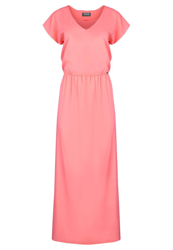 Elegancka Koralowa Sukienka Maxi Z Rozcięciem - Idealna Na Lato M668 Rozmiar S
