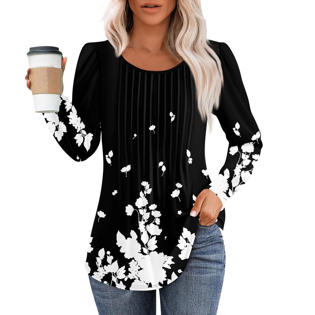Рубашки с длинным рукавом для женщин, топы, нарядные повседневные блузки, плиссированные топы-туники с круглым вырезом