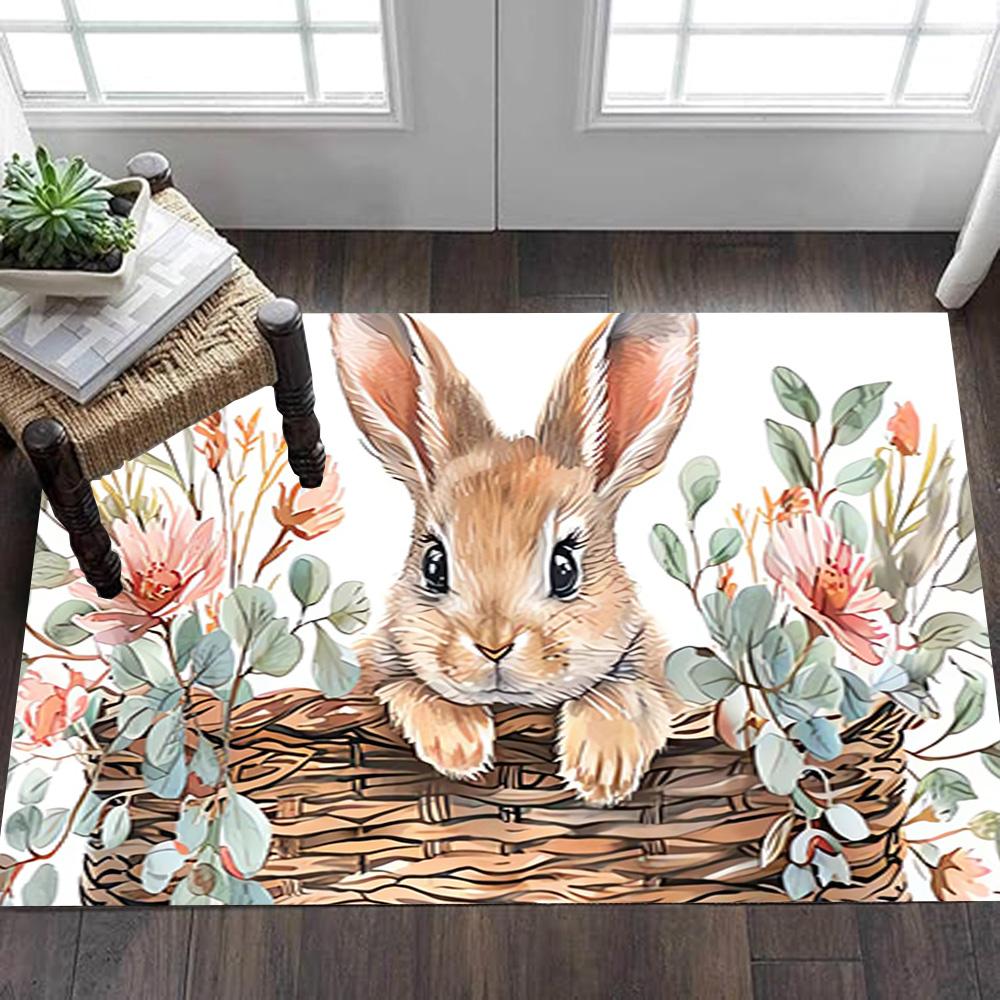 Spring Bunny Watercolor Print Decoration,Carpet,Living Room,Bedroom, Non-slip,Square rug