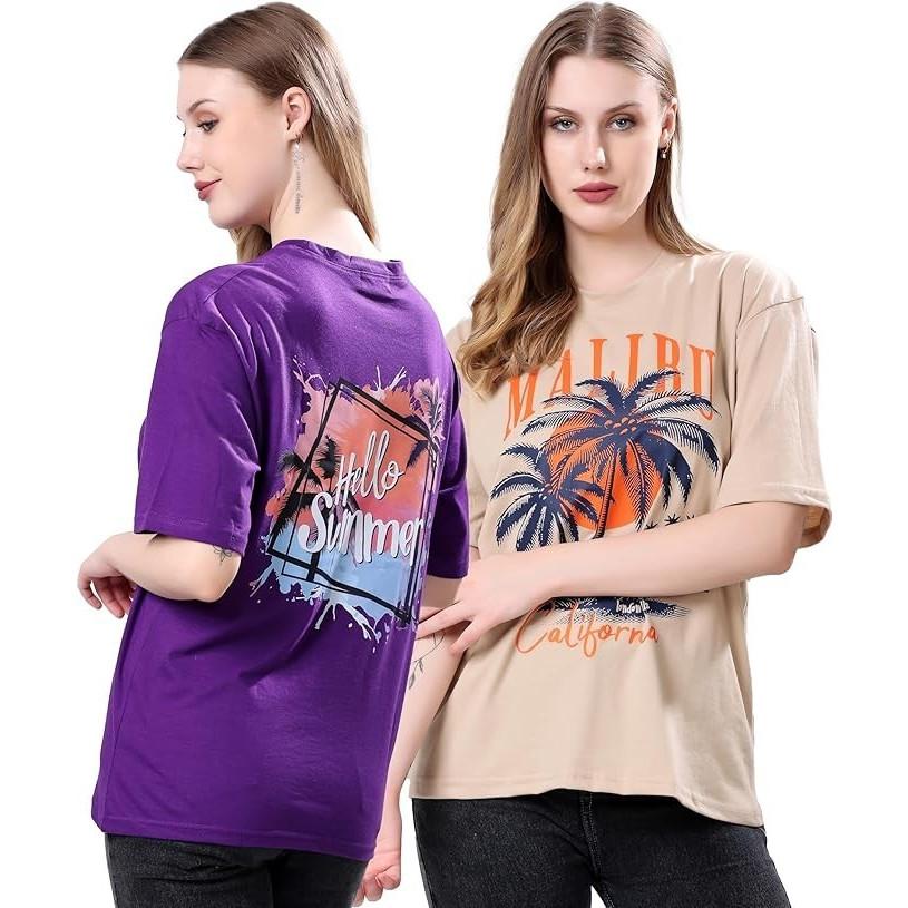 Women’s Loose Fit Graphic Printed T-Shirt Round Neck Half Sleeves Top Combo of 2