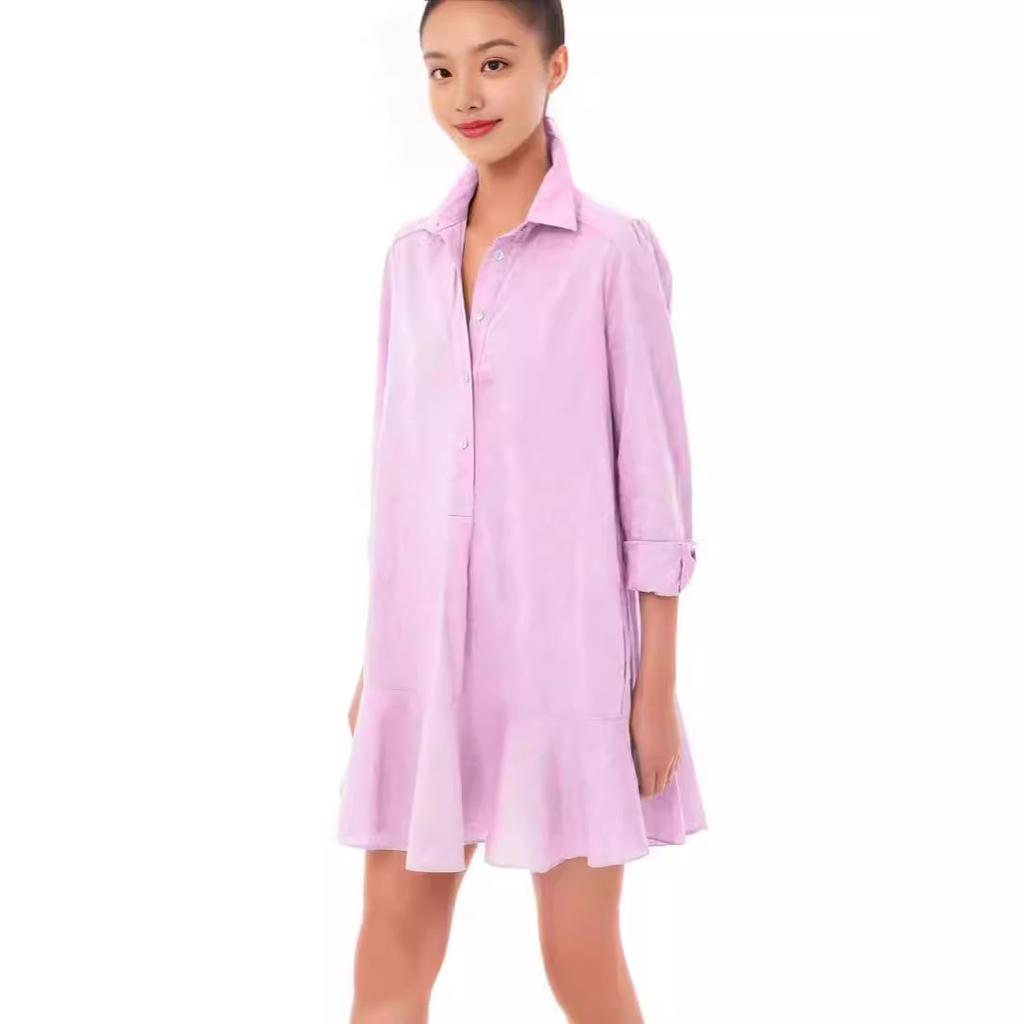 Весна и лето однотонное платье с длинными рукавами и лацканами, подол с рисунком листьев лотоса для женщин