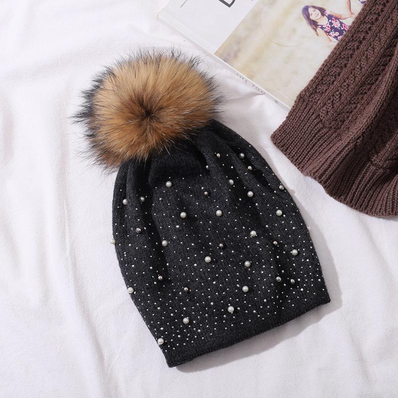 Женский зимний теплый вязаный пуловер с жемчужным шариком енота, однотонная шляпа