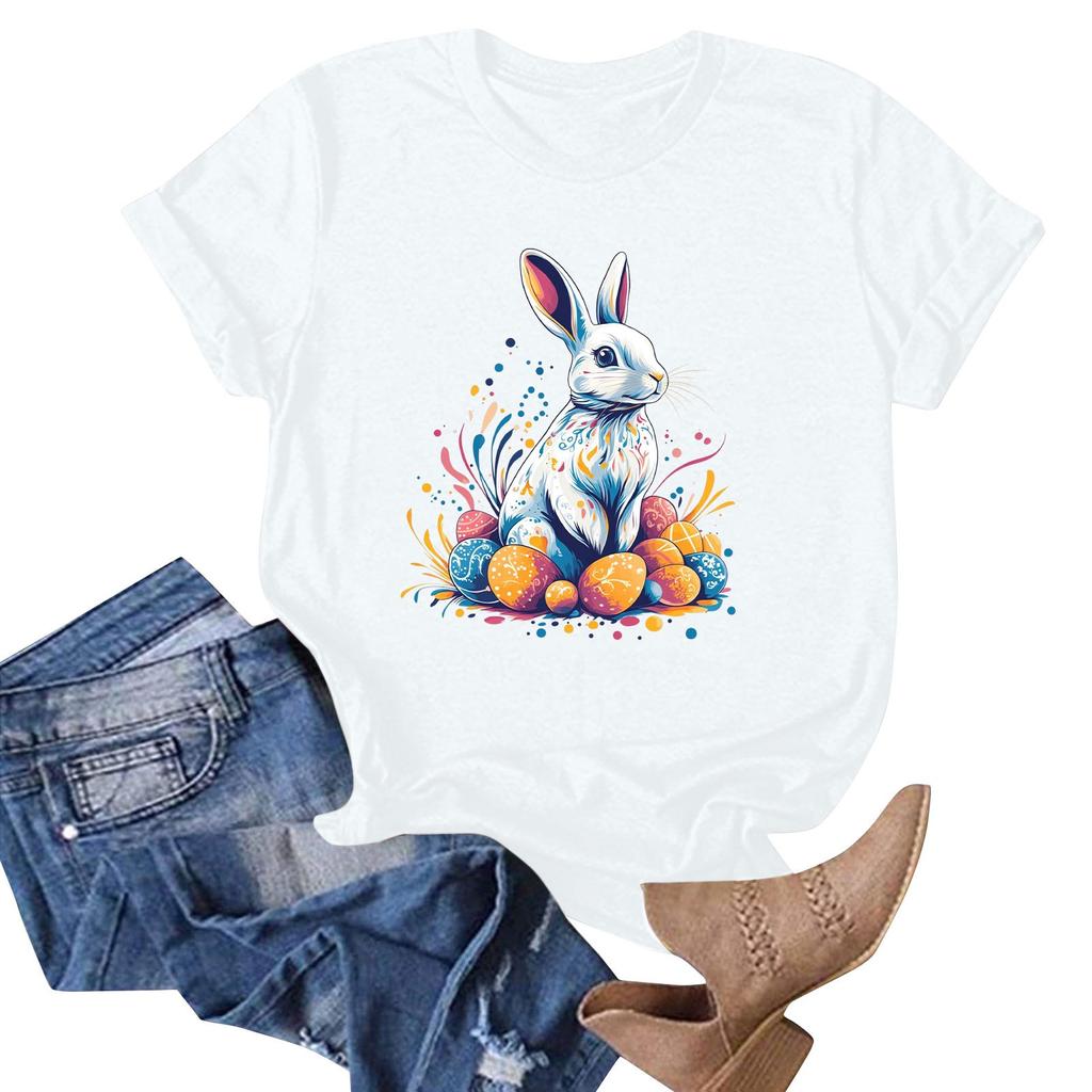 Women's Easter Bunny Print Neck Short Sleeve T-Shirt Top