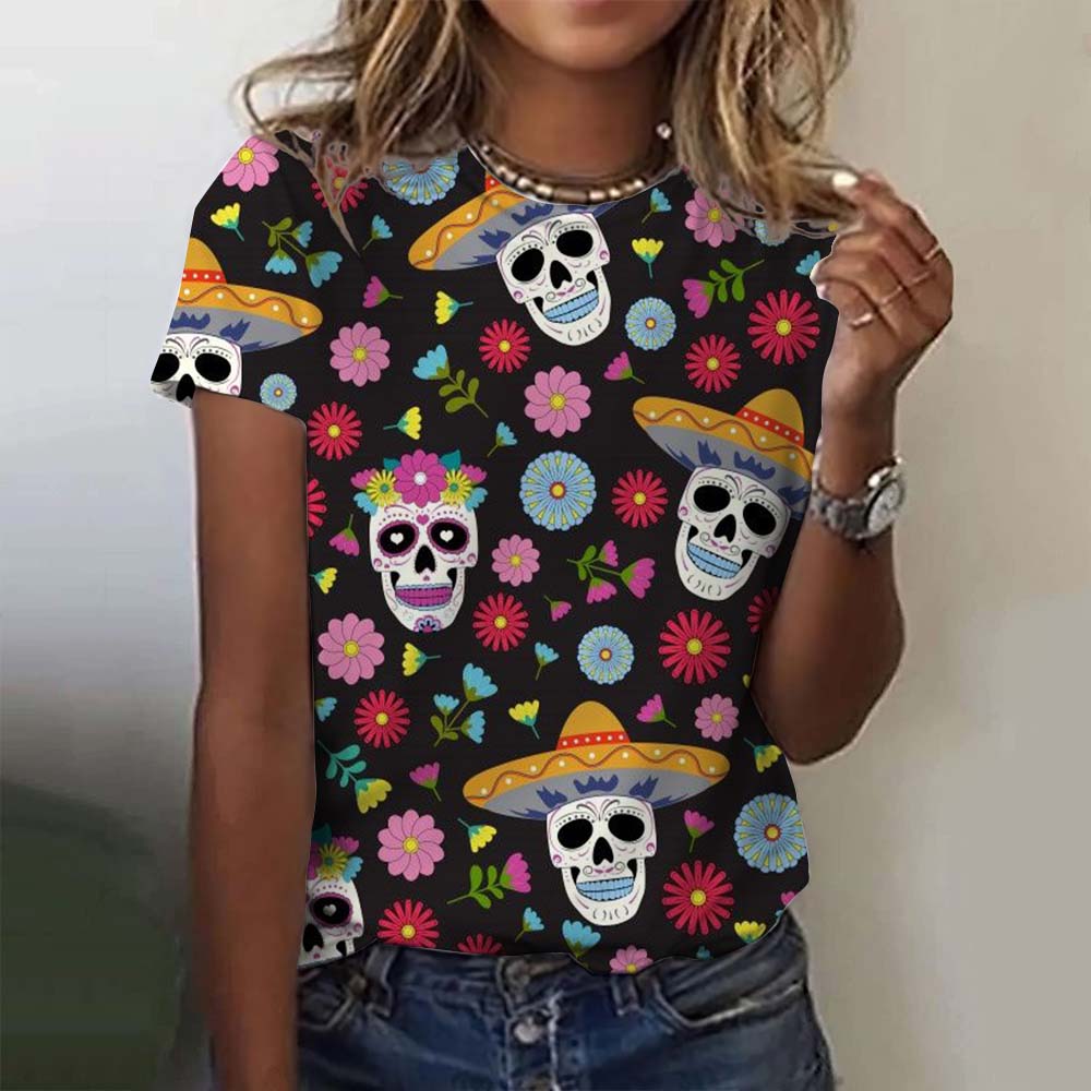 Summer Round Neck 3D Colorful Skull Pattern Print Top Fashionable Casual Short Sleeved Women's T-shirts