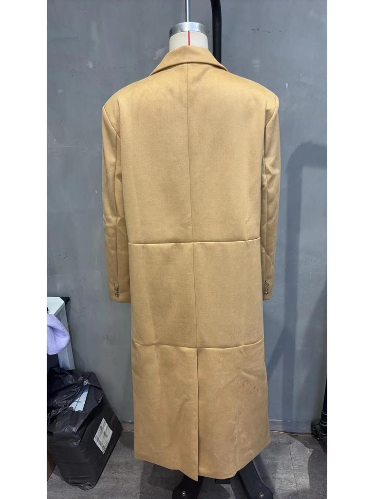 Available: Women's European and American Style Double-Breasted Faux Suede Long Coat with Collar and Long Sleeves