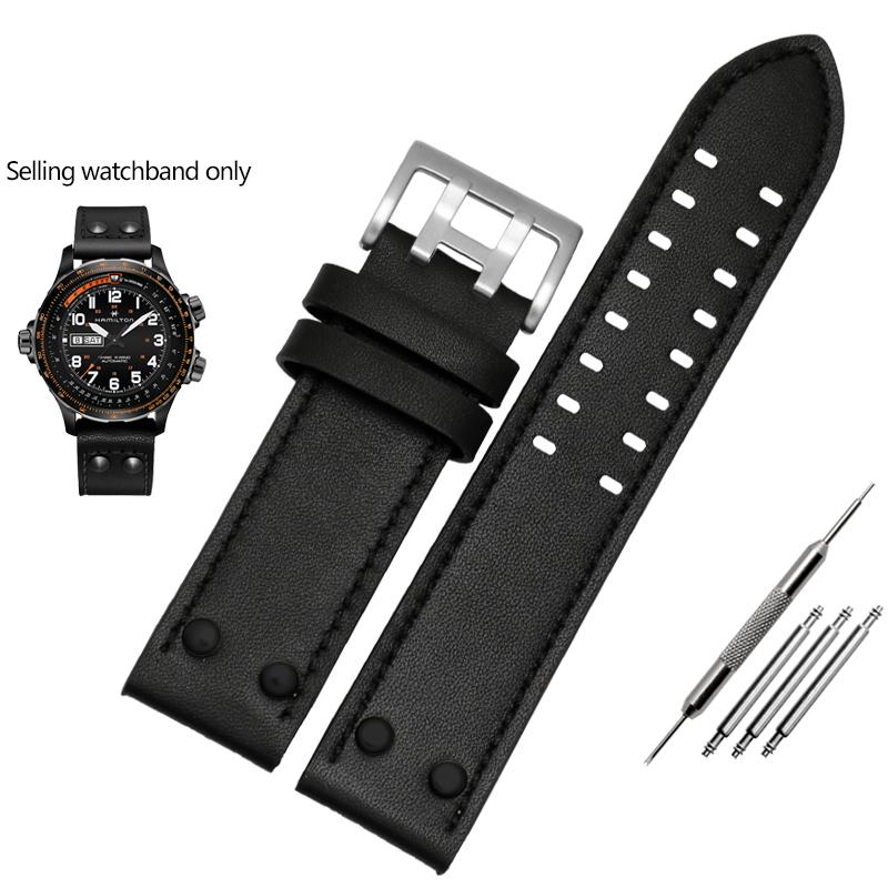 ОДИННатуральная кожаный ремешок для часов Hamilton Khaki Aviation Field Series Мужской ремешок Браслет с заклепками Коричневый 20мм 22ммMN