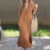 Plus Size Summer Dresses For Woman Casual Solid Color V Neck Mid Dress Loose Women Mother Clothes