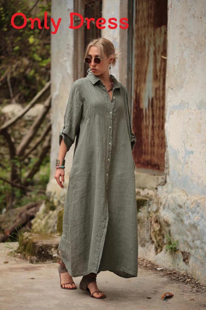Cotton Linen Long Dress With Shirt Collar For Elegant Casual Wear