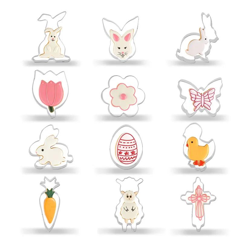 12pcs Stainless Steel Easter Biscuit Cutting Mold Cartoon Rabbit Egg Carrot Cookies Mold for Kids Easter Party DIY Baking Tool