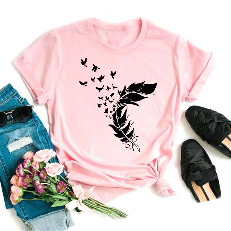 Модная женская футболка с забавным принтом бабочки и пера, футболка, летние топы с коротким рукавом, футболка, женские футболки с перьями