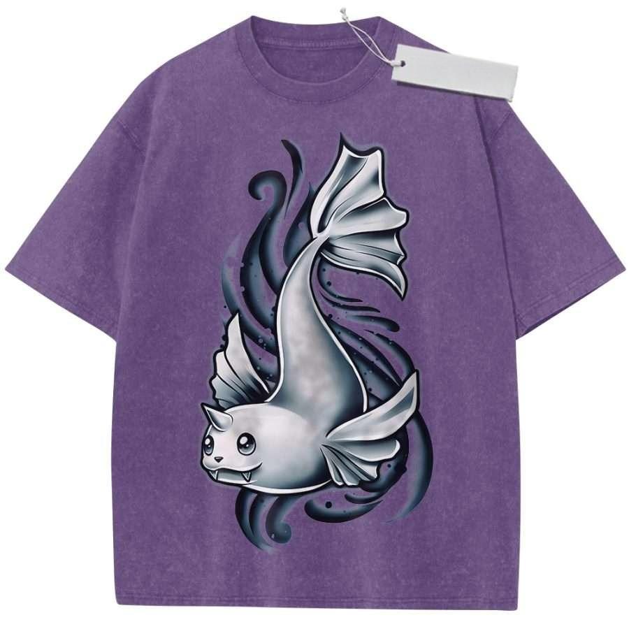 Unisex Washed Black Vintage T Shirt Catfish High Quality Fabric for Home Leisure Travel Shopping