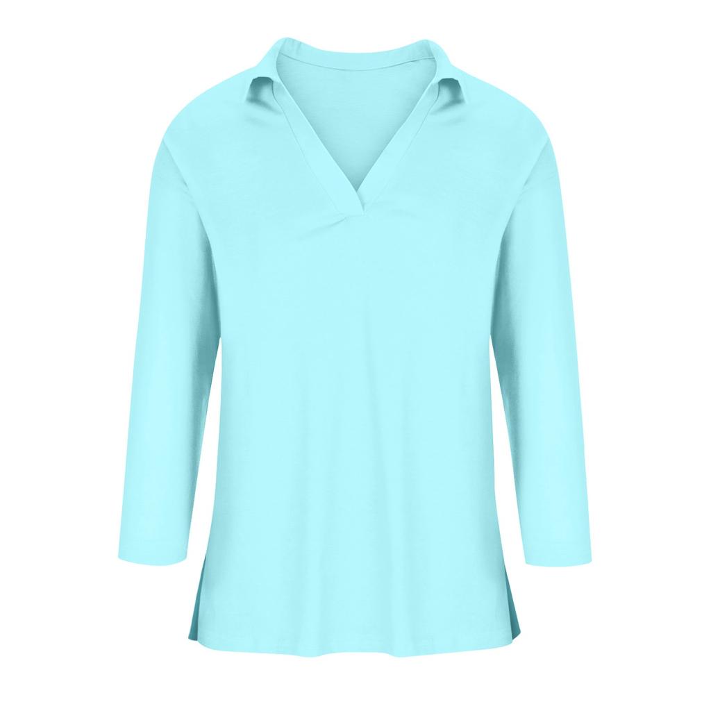 Women's Casual Fashion Solid Color 3/4 Sleeve V-Neck Lapel Comfortable Pullover Top