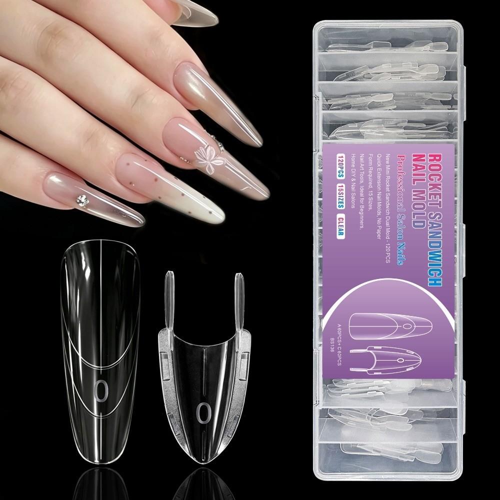 120pcs Clear Sandwich Dual Nail Form Rocket Shape Nail Form Mold Dual Nail Forms for Builder Gel