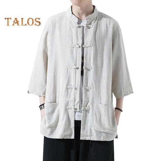 Мужская рубашка в китайском стиле, свободная рубашка в стиле ретро на пуговицах с карманами, хлопковая льняная дышащая летняя рубашка для уличных вечеринок и путешествий