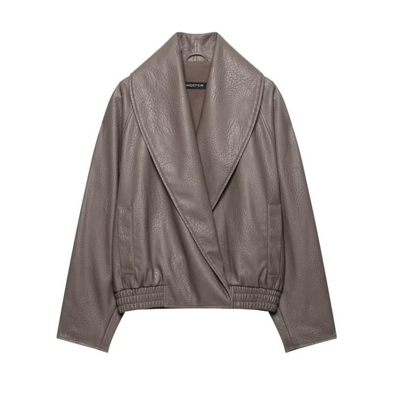 Womens Korean Style Faux Leather Double-Breasted Jacket Streetwear Loose Fit Casual Outerwear