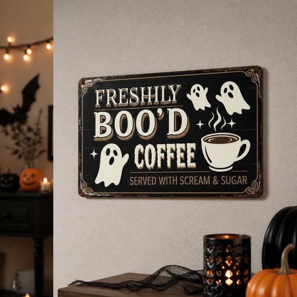 Vintage Style Coffee Bar Wall Art Sign 2D Flat Ghost Themed Hanging Plaque Halloween Decor