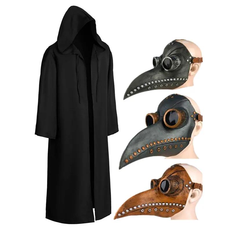 Halloween Cape Cosplay Plague Doctor Mask Costume Witch Tunic Hooded Robe Adult and Child Holiday Play Mask Accessories