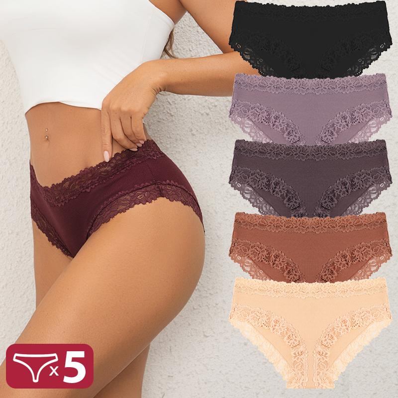 FINETOO 5 шт. Хлопковые трусики Женские трусы с цветочным кружевом Бесшовное сексуальное нижнее белье С низкой посадкой Эластичные трусы Женские Дышащие Мягкие