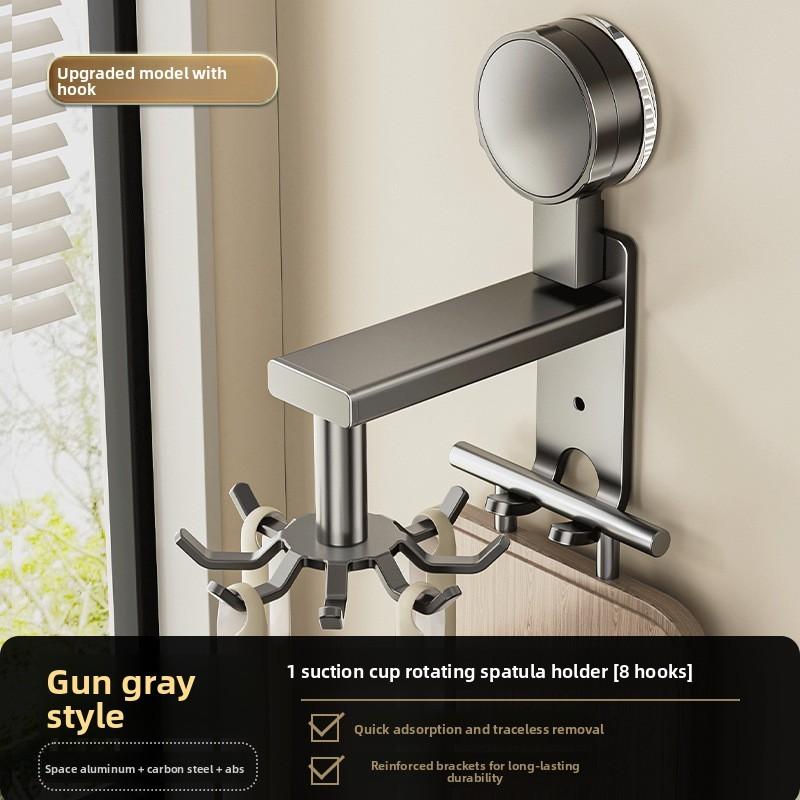Aluminum Alloy Wall Mount Pot Spoon Holder With Rotating Hooks For Kitchen Storage