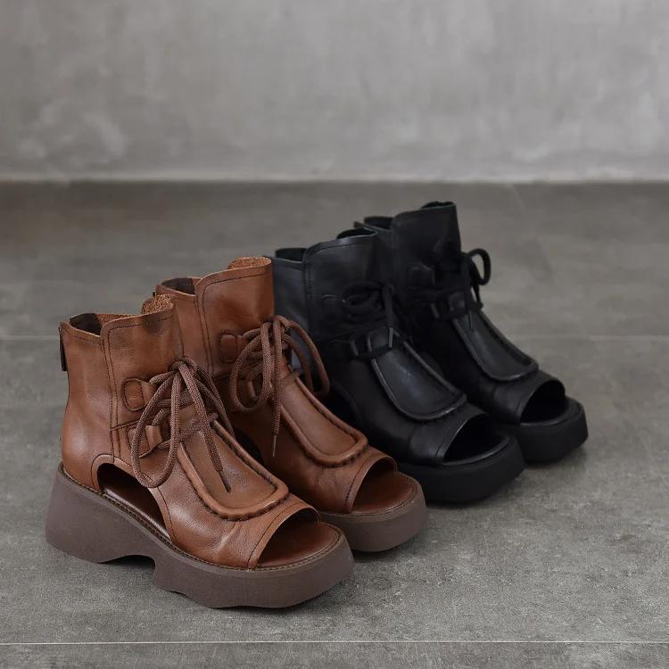 Johnature Женская обувь из натуральной кожи, римские сандалии, винтажные летние сапоги с застежкой-молнией сзади и открытым носком на толстой подошве