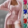 Women's Casual Solid Color Drawstring Plush Vest Shorts Coat Three Piece Suit