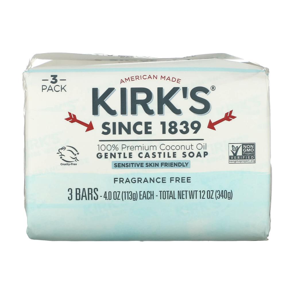 Kirk's, 100% высококачественное кокосовое масло, нежное кастильское мыло, без запаха, 3 штуки, 4 унции (113 г) Каждый