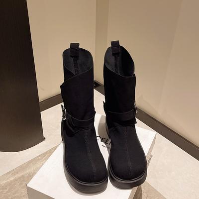 Современные ботинки на квадратном каблуке, зимняя женская обувь без застежек, распродажа 2024 года, модные женские ботинки на среднем каблуке с круглым носком и пряжкой на ремне