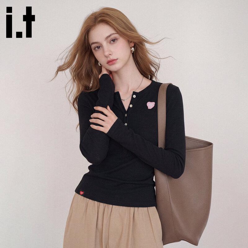 Женская футболка CHOCOOLATE с V-образным вырезом, пуговицами и длинным рукавом, приталенная