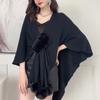Women Cloak Shawl V-neck Solid Color Plush Ball Decor Cross Design Warm Versatile Knitting Shawl Daily Commuting Wear