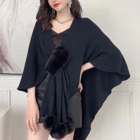 Women Cloak Shawl V-neck Solid Color Plush Ball Decor Cross Design Warm Versatile Knitting Shawl Daily Commuting Wear