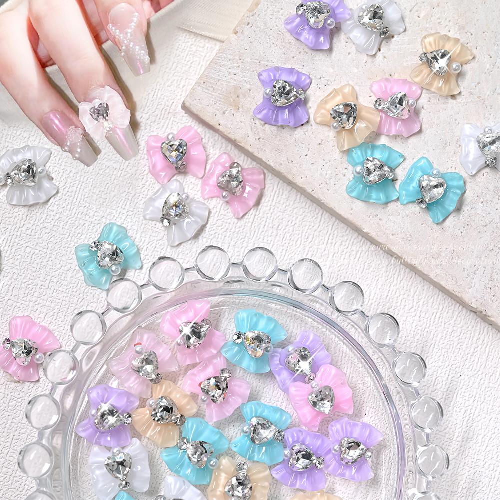10pcs Sailor Warrior Moon Nail Charm 3D Shiny Japanese Bowknot Diamond Gem Nail Rhinestones Crystal Heart Design DIY Nail Parts