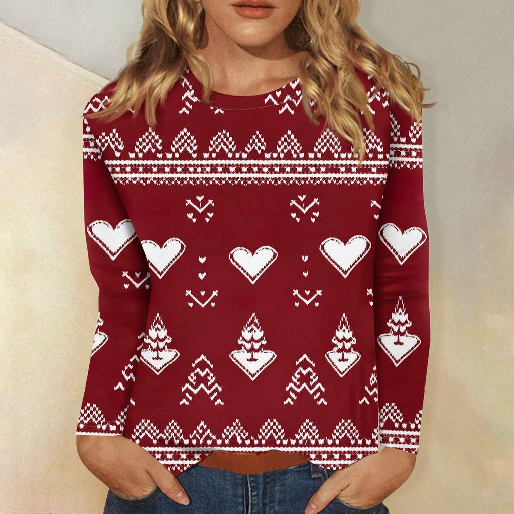 Женская мода повседневный рождественский принт круглый вырез длинный рукав пуловер топ