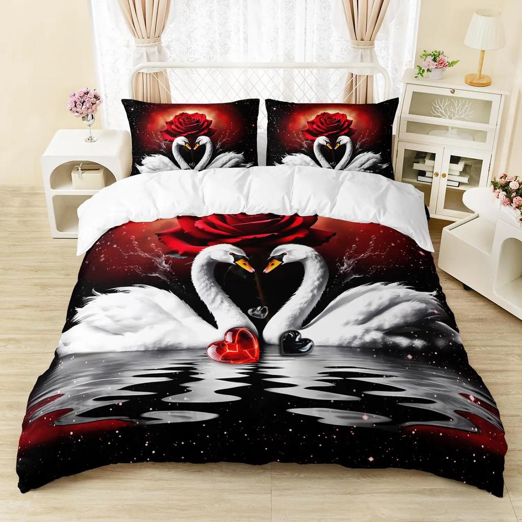 3D White Swan Bedding Set Red Floral Rose Printed Duvet Cover Set Cute Animal Super Soft Polyester Covers Gift For Lover